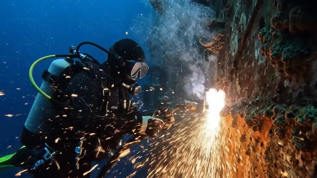 Scuba diver underwater welding sparks ocean.