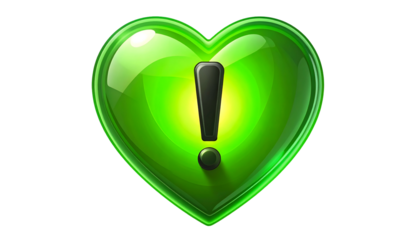 Glossy, green heart with a prominent exclamation point, against a black backdrop. The artwork shows a focus and attention symbol