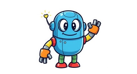 Obraz premium Friendly Cartoon Robot Waving Hand with Sparkle in Happy Greeting Pose on White Background