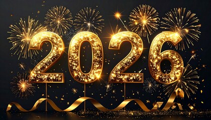 Glitter shiny Number Illustration 2026 3d Text illustration with gold fireworks and ribbons on black isolated Background, celebration theme concept