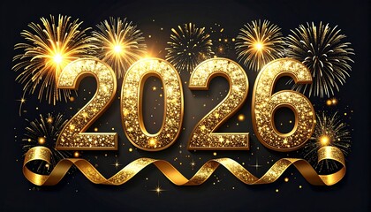 Glitter shiny Number Illustration 2026 3d Text illustration with gold fireworks and ribbons on black isolated Background, celebration theme concept