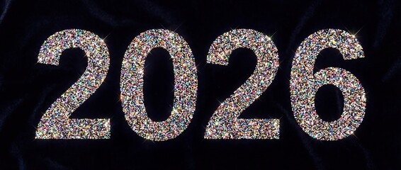Glitter shiny Number Illustration 2026 3d Text illustration with gold fireworks and ribbons on black isolated Background, celebration theme concept
