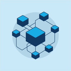 Obraz premium Blockchain Network Architecture with Connected Data Blocks. Ideal for concepts of decentralized technology, data security, cloud computing, and digital infrastructure.
