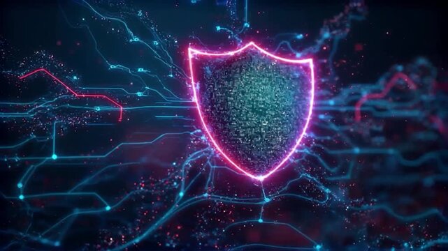 Digital shield protection cybersecurity concept with neon glow.