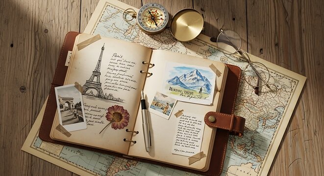 Travel Journal with Map, Compass, and Vignettes on Wooden Table