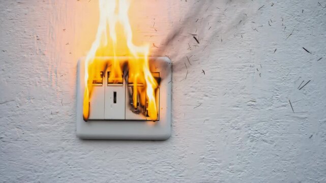 white plastic electrical outlet with multiple USB ports is engulfed in intense flames