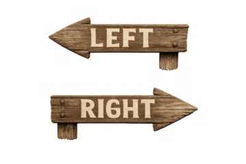Wooden arrow signs directing left and right, symbolizing choice, dilemma, decision making, and different paths