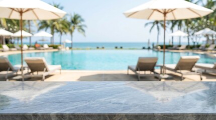 a serene outdoor scene showcases a luxurious resort pool with lounge chairs palm trees and a clear blue ocean backdrop perfect for relaxation