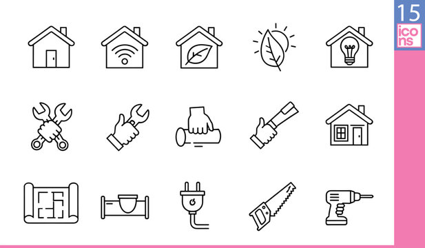Home improvement and sustainability icon set featuring smart house, plumbing, tools, eHome improvement and sustainability icon set featuring smart house, plumbing, tools, e
