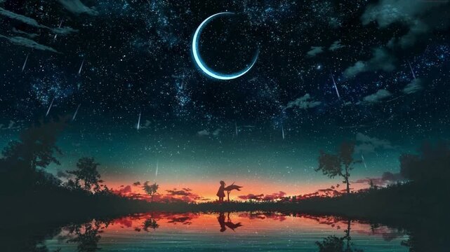 Serene landscape with a crescent moon in a starry night sky reflected over a tranquil body of water at sunset