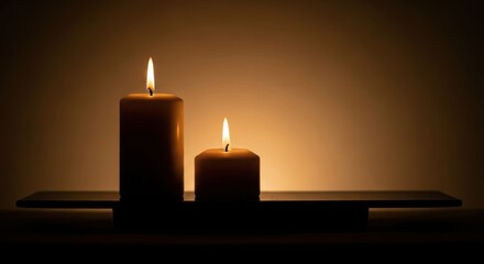 Two Lit Candles on Wooden Shelf Warm Soft Glow Ambient Lighting