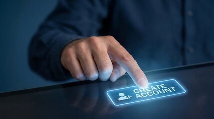 a close up view shows a person s hand pressing a glowing create account button on a dark digital screen suggesting online registration