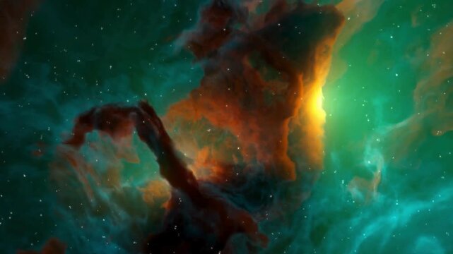 Vibrant nebula with swirling clouds of gas and dust in shades of green, orange and black against a starry night sky.