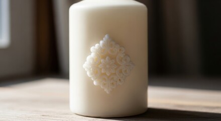 White candle with blooming dried flower decoration on wooden table minimalist home decor