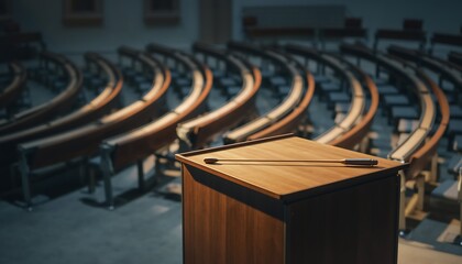 Empty lecture hall with a wooden podium and rows of curved desks for students in a classroom setting from a front view