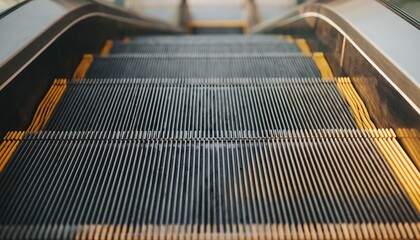The escalator steps are moving upwards in a public transportation hub with metal grating and yellow edges.