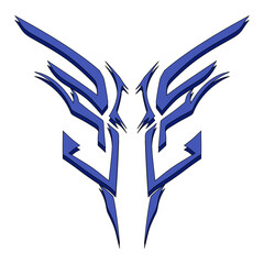 Abstract blue tribal wings logo design, symmetrical sharp geometric vector illustration for decals