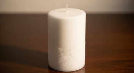 White Ceramic Candle Holder with Minimalist Aztec Design on Wooden Table