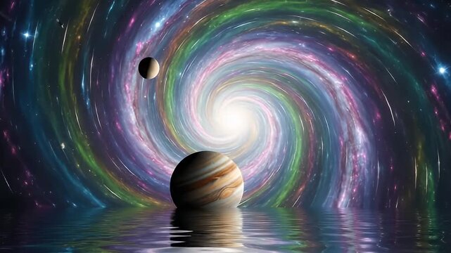 A vibrant, swirling multi-colored galaxy with a bright central core defines this spectacular cosmic backdrop. Planets, including a striped giant and a ringed world, are dramatically reflected on a tra