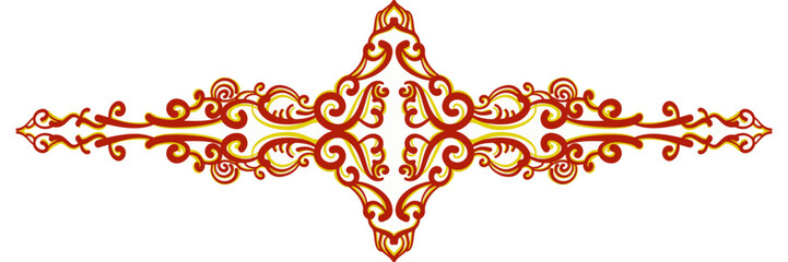 Symmetrical ornate floral ornament with swirls in red and gold, traditional vintage design element