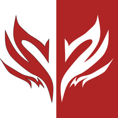 Abstract bird wings logo design in red and white, stylized fire or feather illustration.
