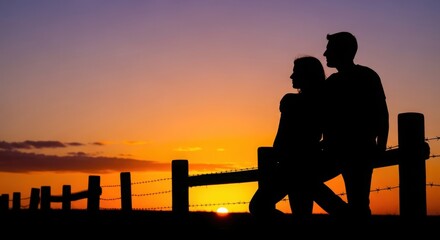 Couple Watching Sunset on Fence by Bridge Romantic Silhouette Orange Sky