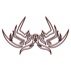 Symmetrical abstract black and red tribal ornament, sharp line art design element for tattoo or logo