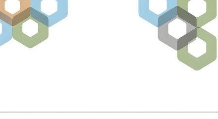 Abstract geometric background with overlapping translucent hexagonal shapes in various colors.