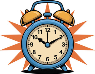 Vintage alarm clock illustration, classic retro timepiece with ringing bells, morning wake up concept, punctuality reminder, time management symbol, flat design vector art