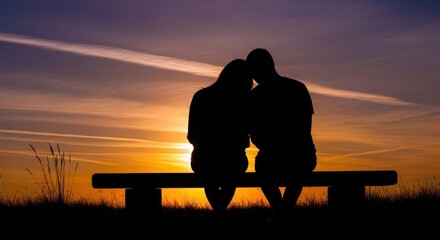 Couple in Love Watching Sunset Silhouette on Park Bench with Golden Hour Lighting