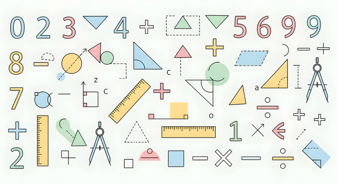 A colorful illustration of various mathematical symbols, numbers, geometric shapes, and measurement tools. - Powered by Adobe
