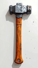 Heavy metal hammer with a stained wood handle, casting shadow on a bright surface