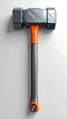 Heavy, steel sledgehammer with an orange and dark gray handle on a bright background