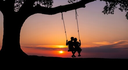 Couple Swinging at Sunset Over Scenic Hilltop with Silhouette and Warm Glow