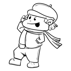 Naklejka premium Black and white illustration of a cheerful cartoon boy walking with a scarf and cap on a white background