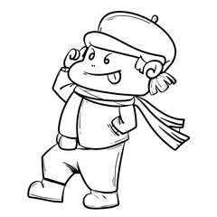 Fototapeta premium Black and white illustration of a cheerful cartoon boy walking with a scarf and cap on a white background
