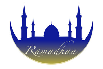 Blue mosque silhouette with crescent moon and Ramadhan text, Islamic greeting vector illustration