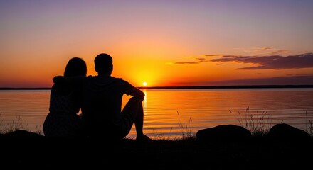 Couple watching romantic sunset by serene lake with golden sky and warm glow