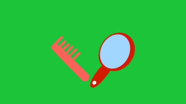 Hair comb and mirror on green background, simple grooming and beauty animation loop