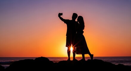 Couple celebrating sunset on rocky beach with smartphone photo, romantic golden hour silhouette