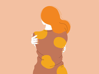 A woman with flowing orange hair seen from behind, tenderly embracing herself. A warm, minimalist illustration symbolizing self-love and comfort