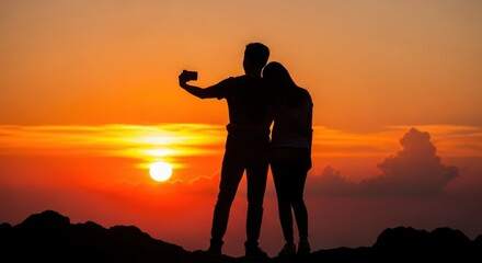 Couple Taking Selfie at Sunset Mountain Peak with Silhouette and Golden Sky