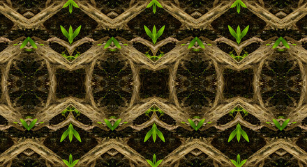 organic root patterns with vibrant green sprouts emerging from dark earth forming a symmetrical natural growth texture for eco-friendly design projects.