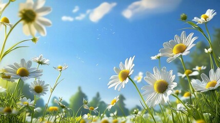 Clear blue sky complemented by a field of daisies.