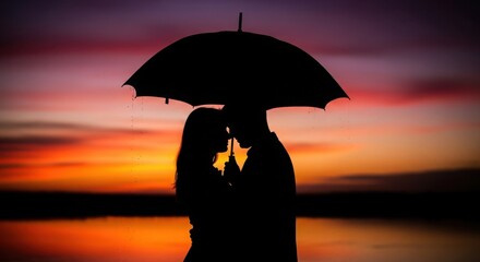 Silhouette of Person Holding Umbrella with Star Cutout at Sunset on Beach