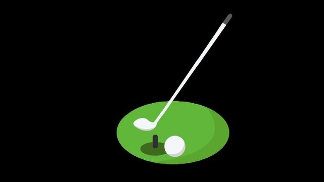 Golf club and ball on green putting surface, minimal sports animation on dark background