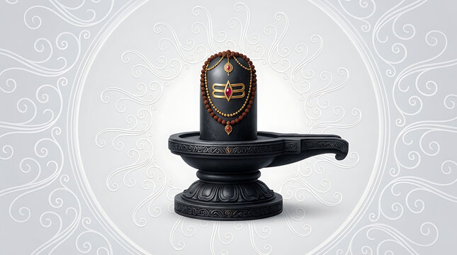 Decorated shiva linga with rudraksha beads and jewelry on white ornamental pattern background for mahadev prayer and shivratri illustration