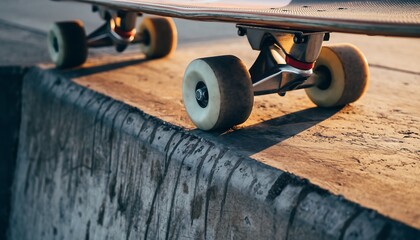 A skateboarder performs tricks on a skateboard with wheels on a concrete ledge in an urban setting.