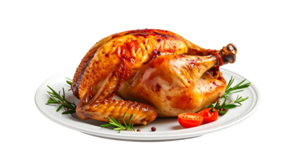 A roasted chicken, golden brown with crispy skin, sits on a white plate garnished with rosemary sprigs and halved cherry tomatoes