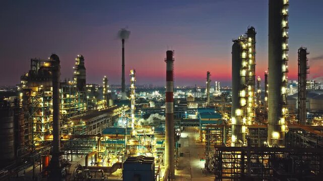 Aerial shot of illuminated oil refinery and chemical plant industrial area at night